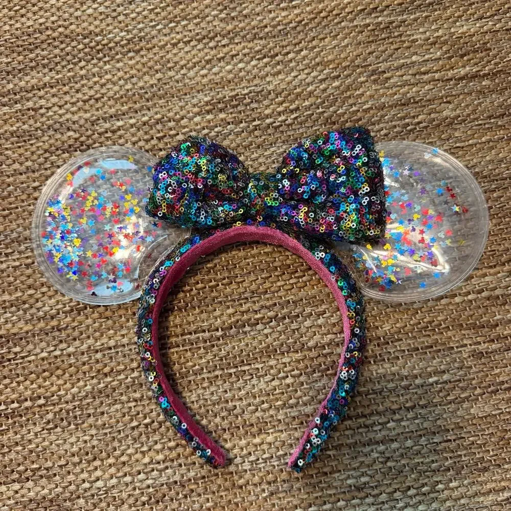 Disney Parks Mouse Ears Headband Rainbow Sequin Bow Clear Star Confetti
